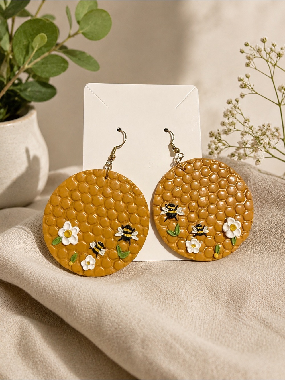 Honeycomb Bee Handcrafted Drop Earrings